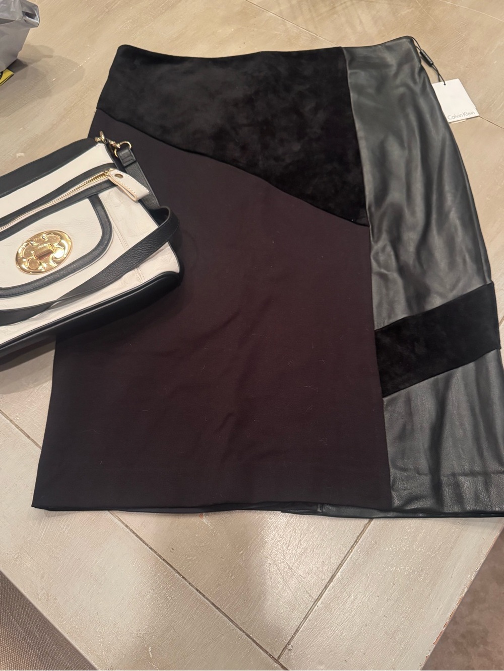 NWT Calvin  Klein Black Mixed-Material Panel Pencil Skirt